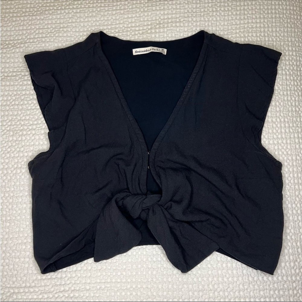 A&F- Black Tie Front Ruffle Button Crop Top